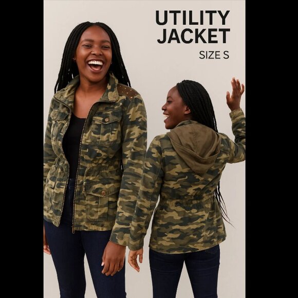 Camouflage Green and Brown Utility Jacket with Collared Neckline and hood - Picture 2 of 11